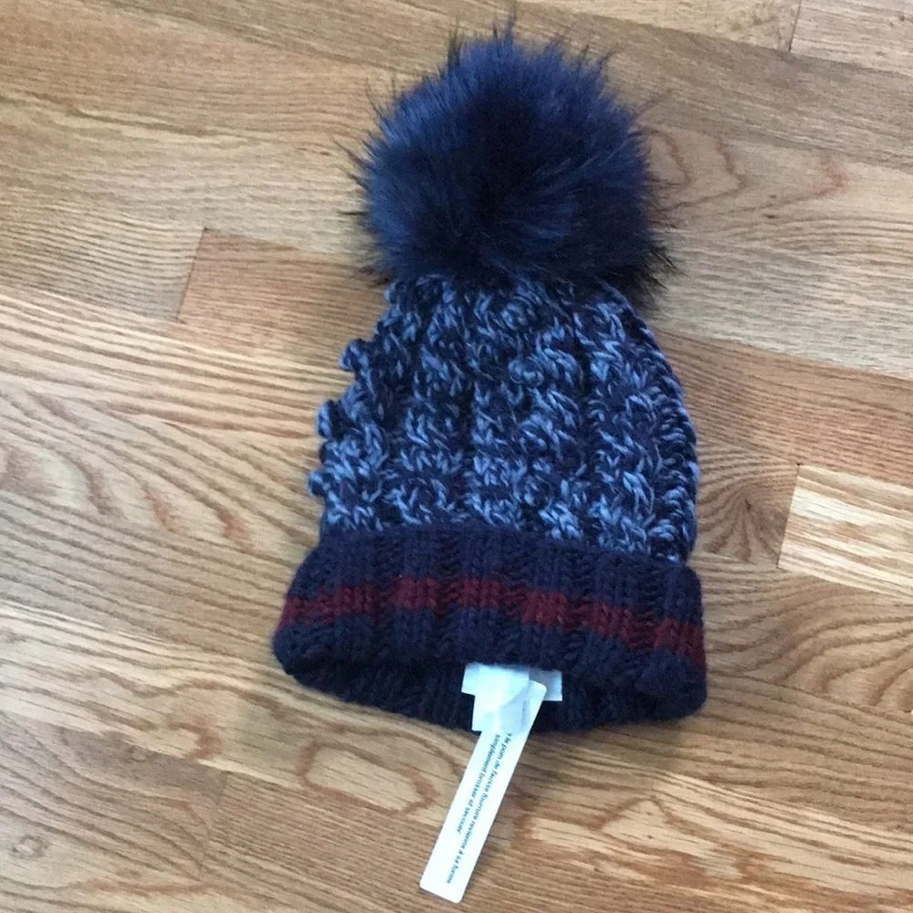 NWT Free People Happy Trails Stripe Pom Beanie Blue